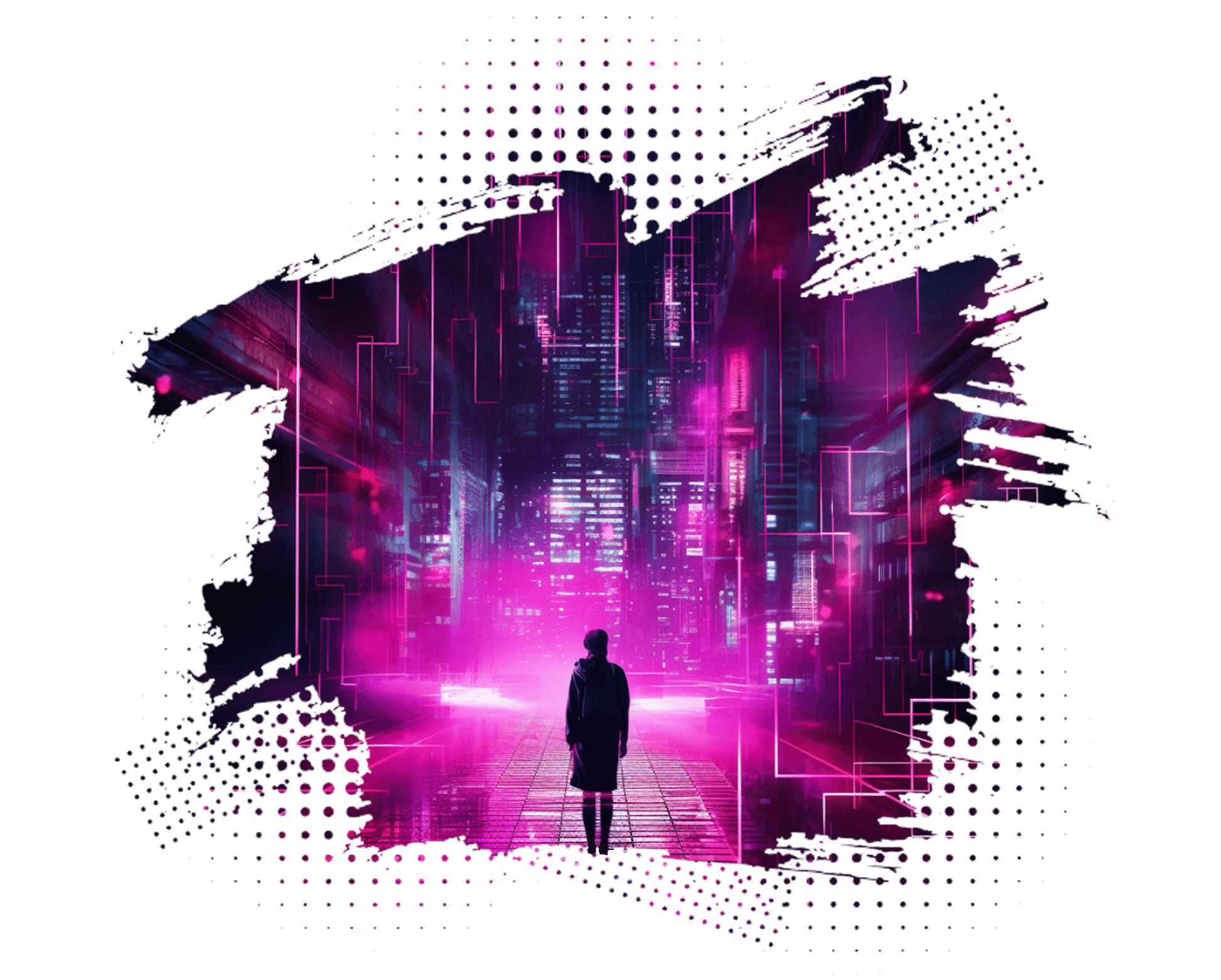 A lone figure stands in a glowing magenta virtual city of towers and light lines, framed by a ragged brush-stroke edge and halftone dots