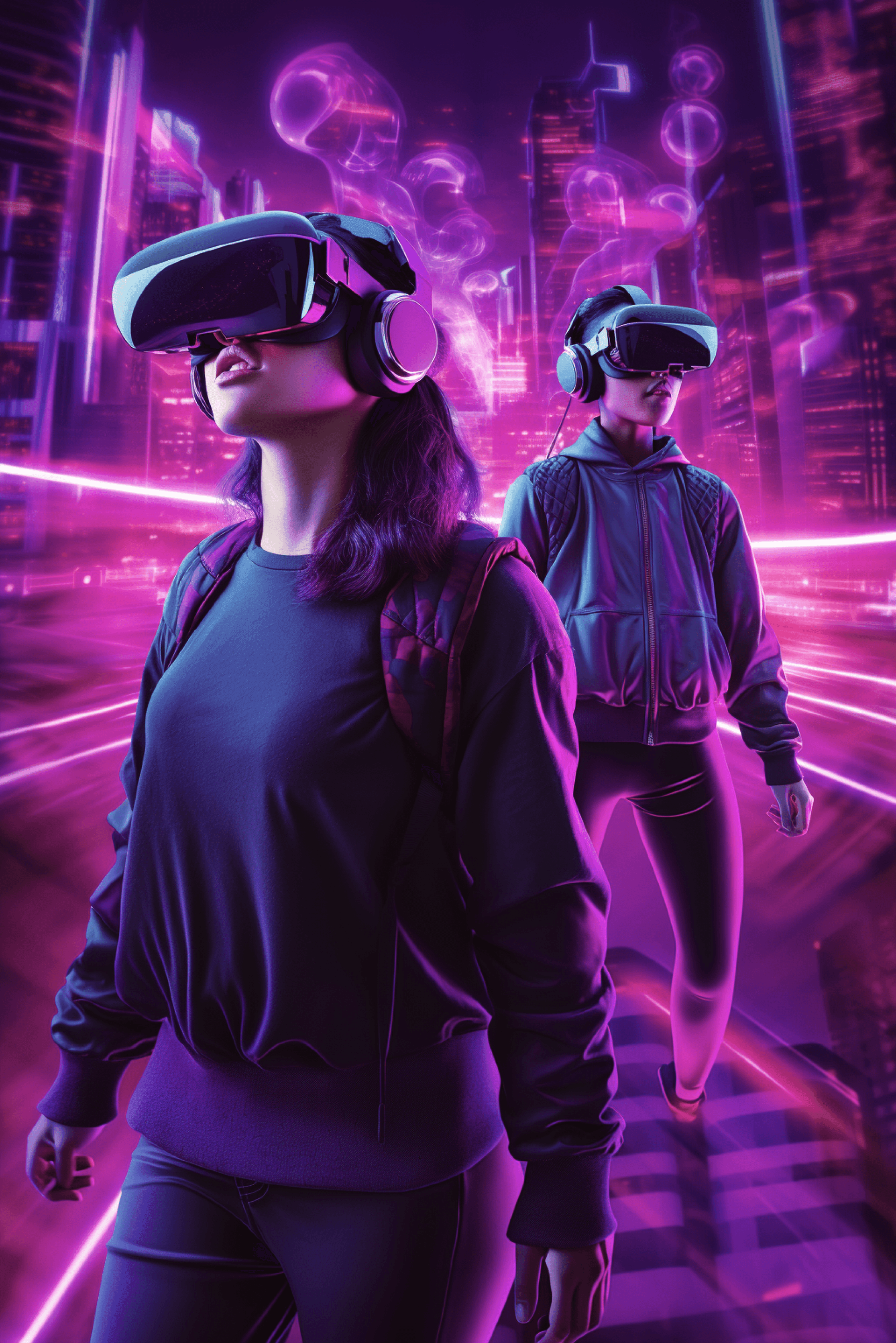 A young woman in a VR headset and headphones walks through a neon purple city, light trails streaking past