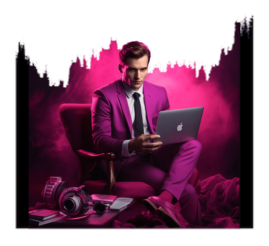 A man in a magenta suit and tie in an armchair working on a laptop, a pink-lit skyline behind him and headphones on the table