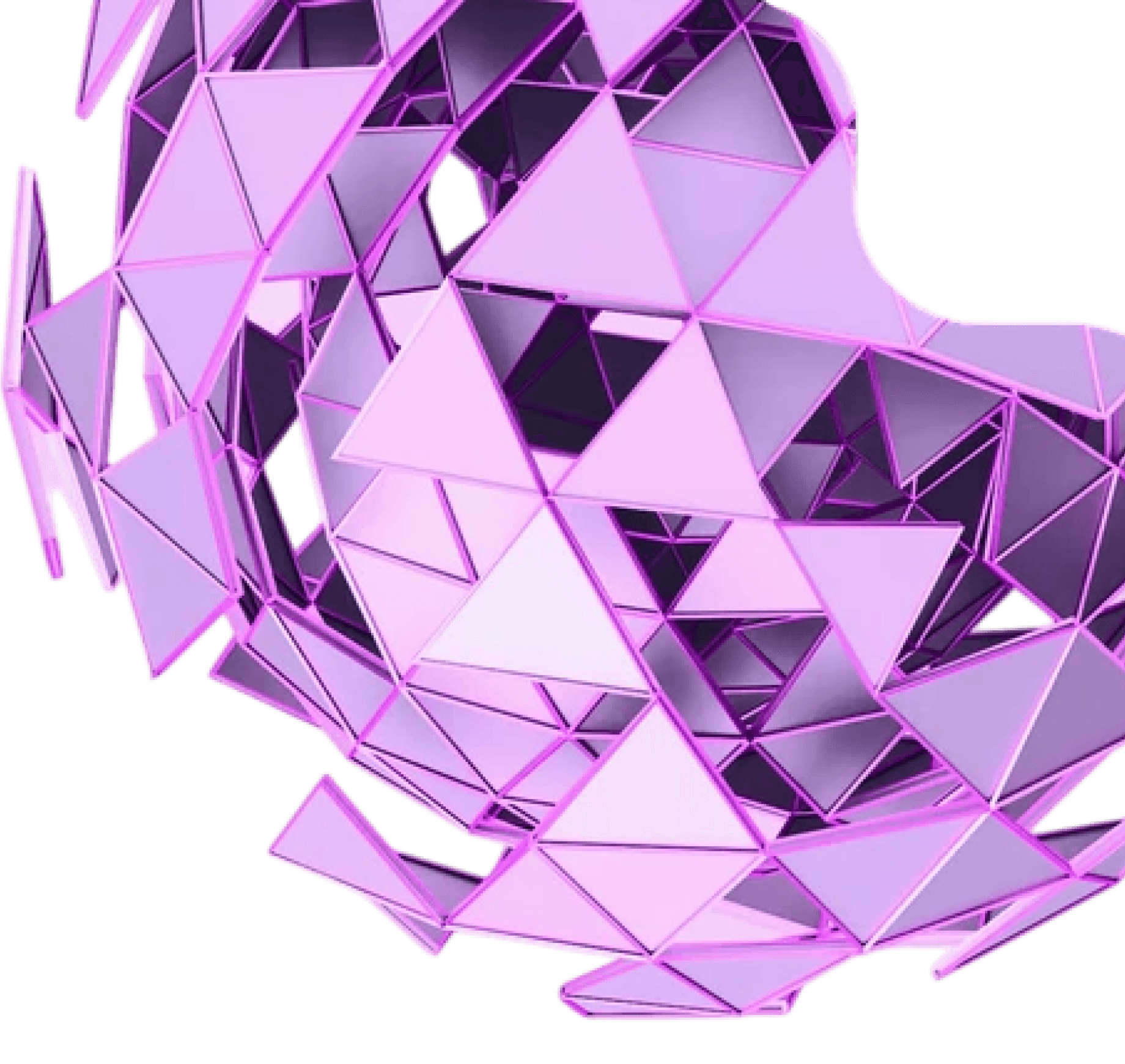 A violet 3D sphere made of mirrored triangular panels, partly open