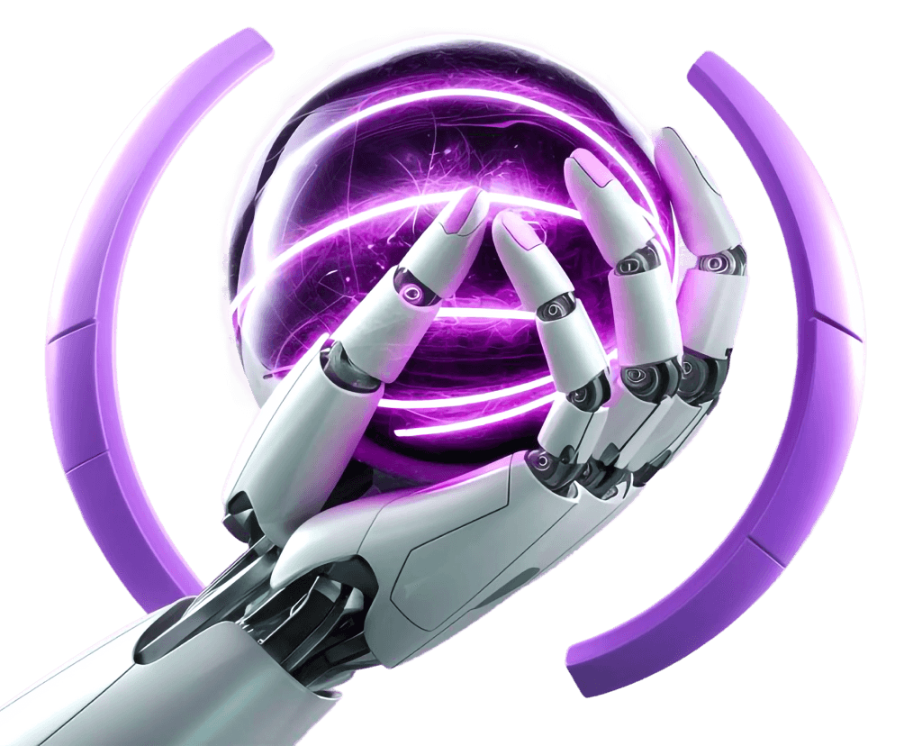 A robotic hand holding a glowing purple sphere between two curved arcs