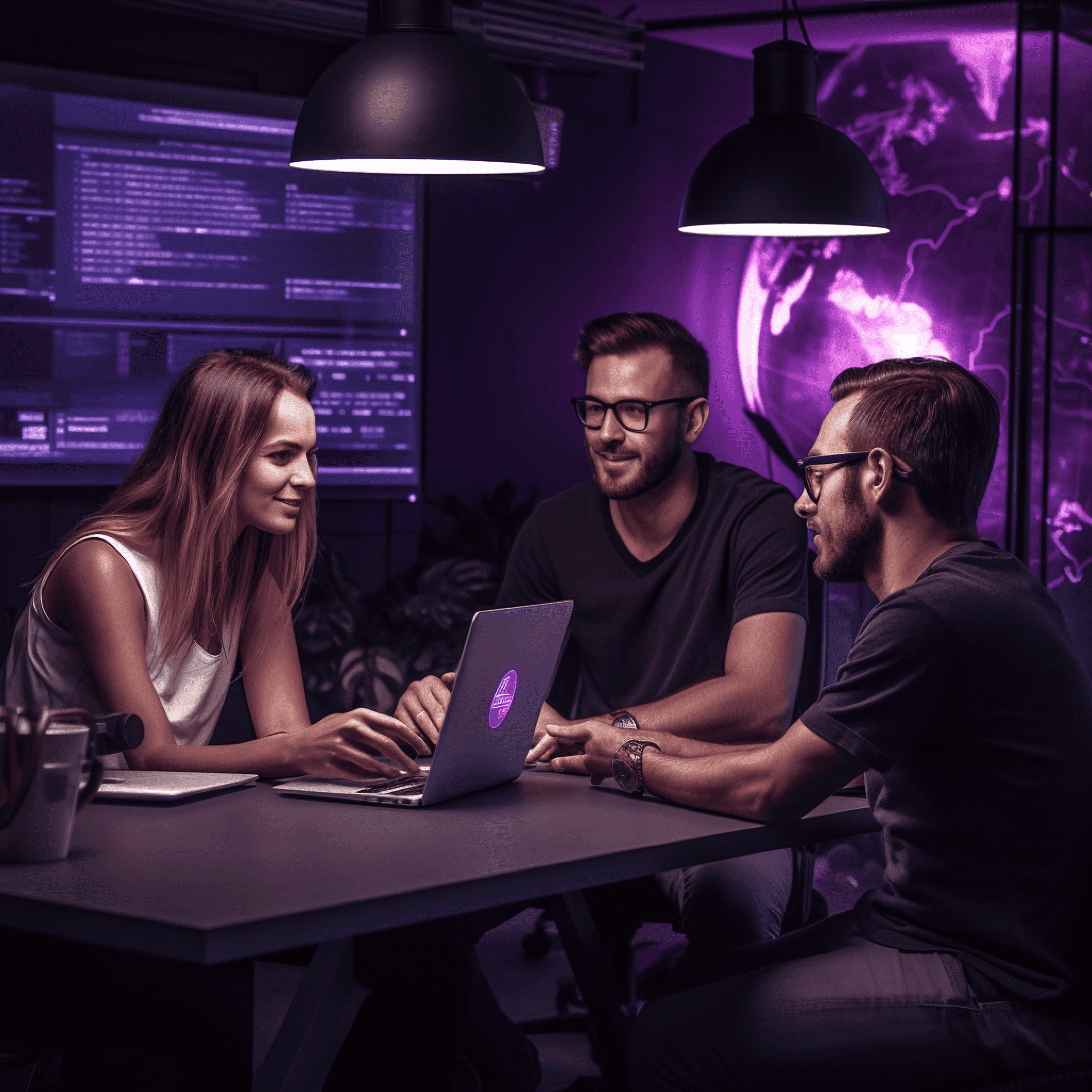 Three colleagues talking over laptops at a table, code screens and a purple globe behind them