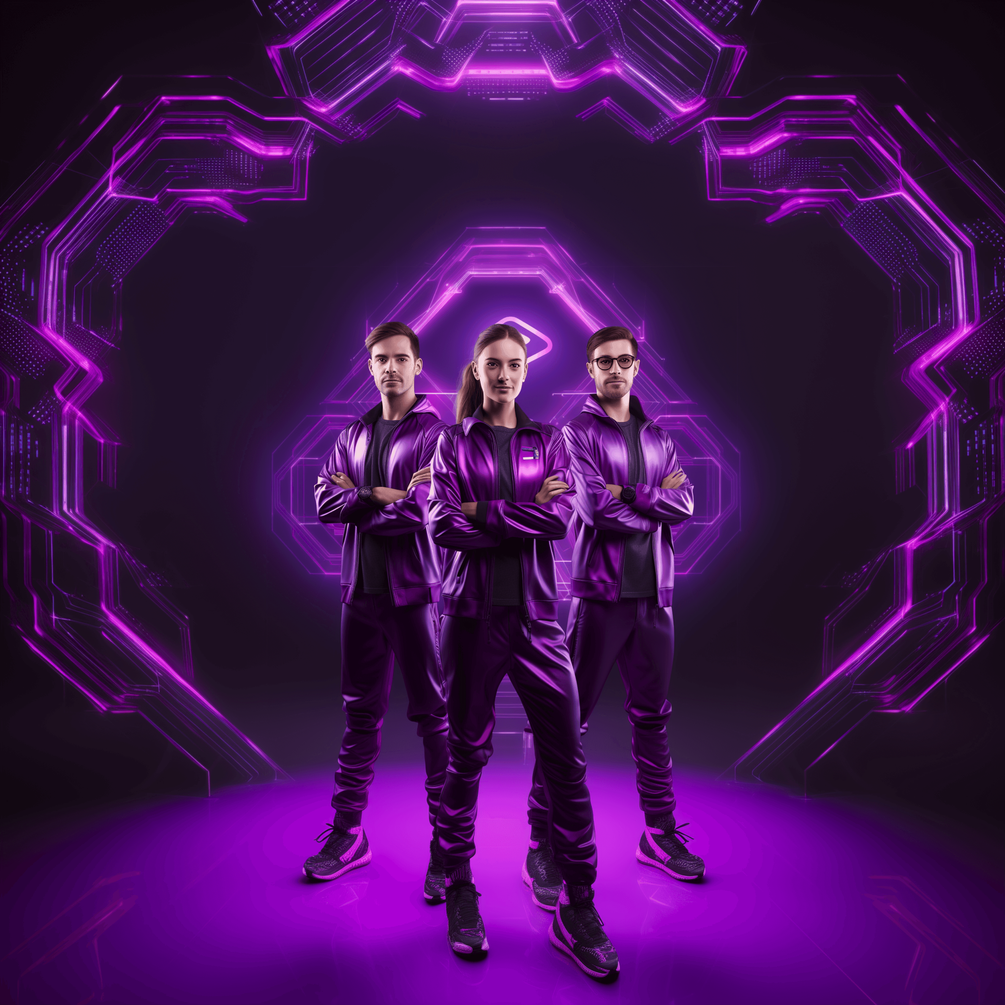 Three TokenMinds team members in purple jackets, arms crossed, before a glowing purple circuit backdrop