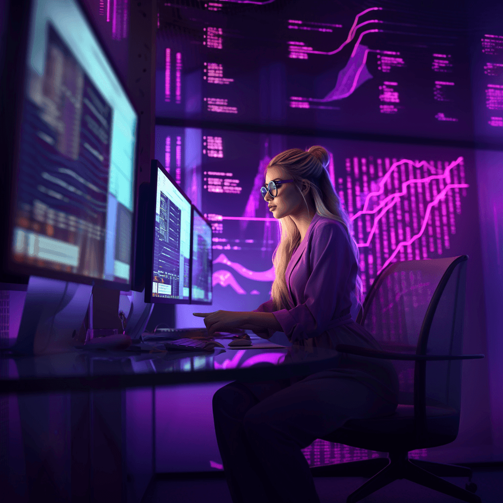 A woman in glasses at a desk of monitors, purple charts and code glowing on the wall behind her