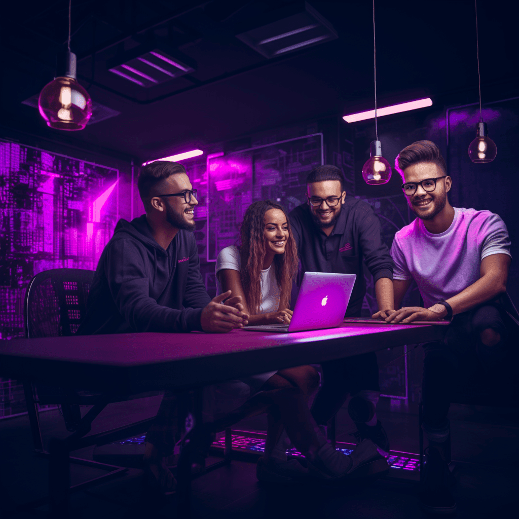 Four smiling colleagues gathered round a glowing laptop at a table under purple lights