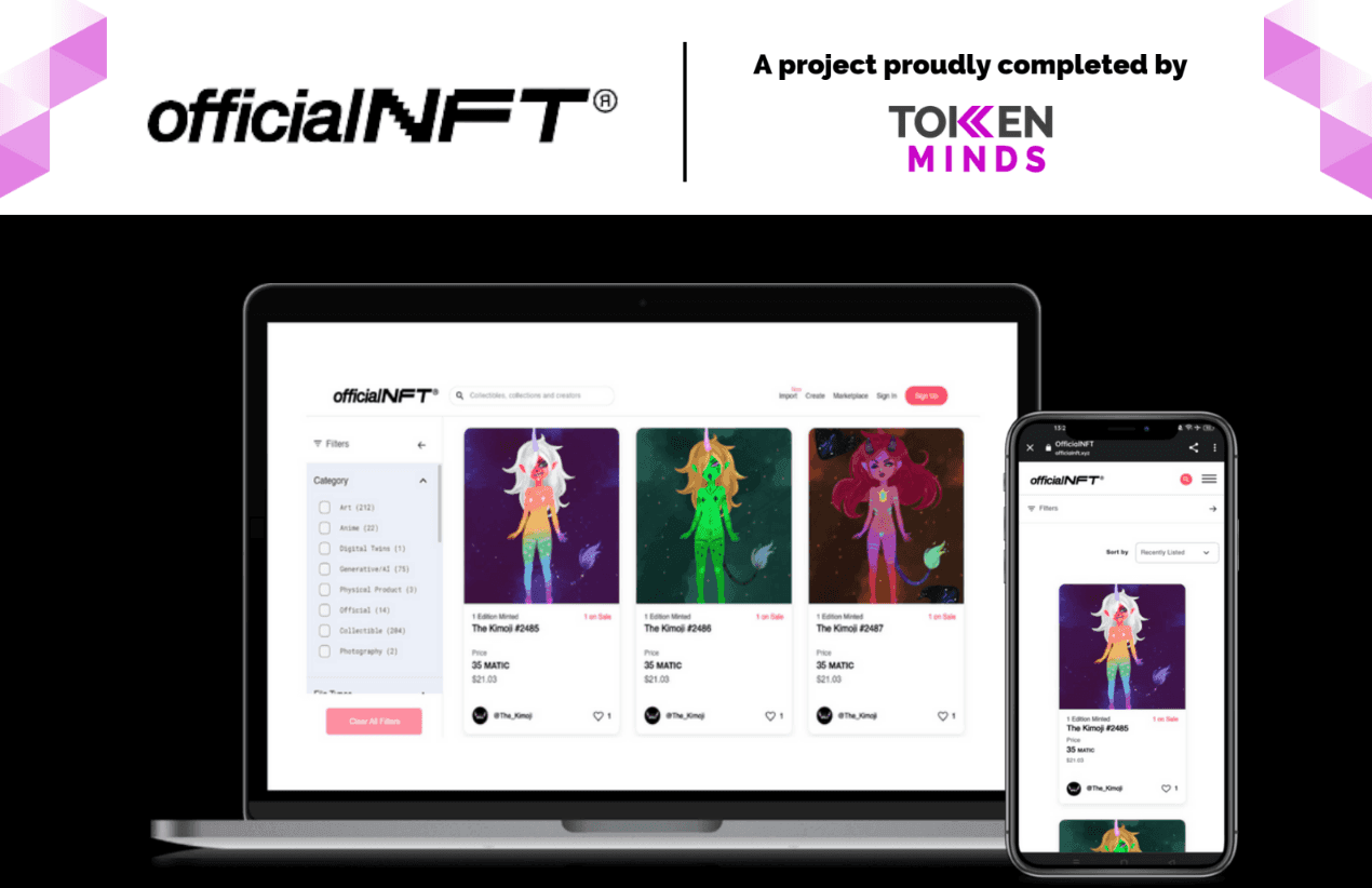 officialNFT marketplace on a laptop and a phone, a project completed by TokenMinds
