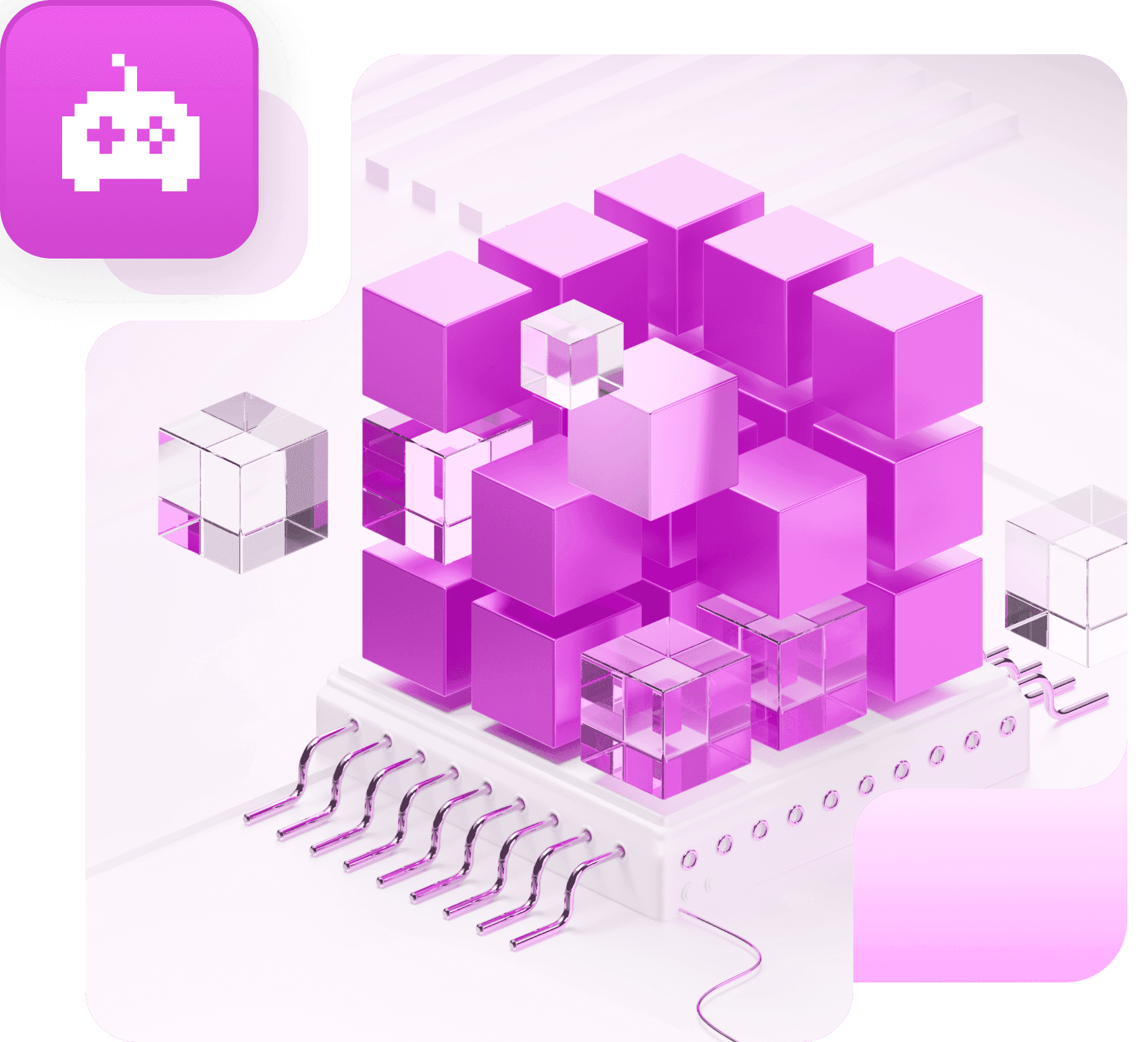Magenta and glass cubes stacked on a circuit chip, with a game controller badge