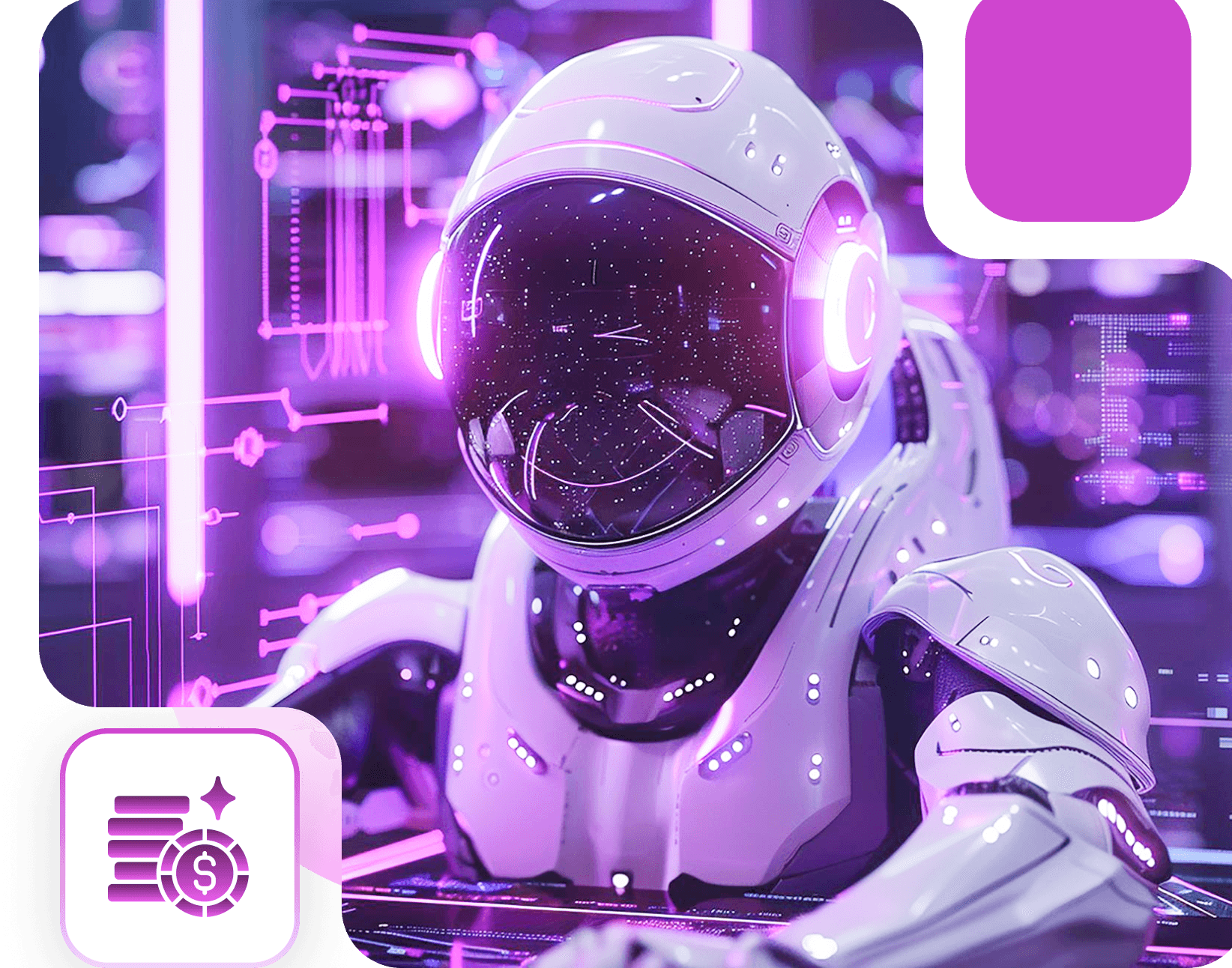 A white-suited astronaut before glowing violet screens, with a coin stack badge