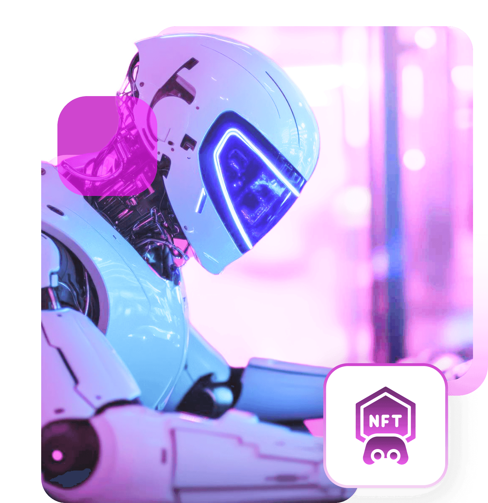 A white and blue robot working at a keyboard under pink light, with an NFT game badge