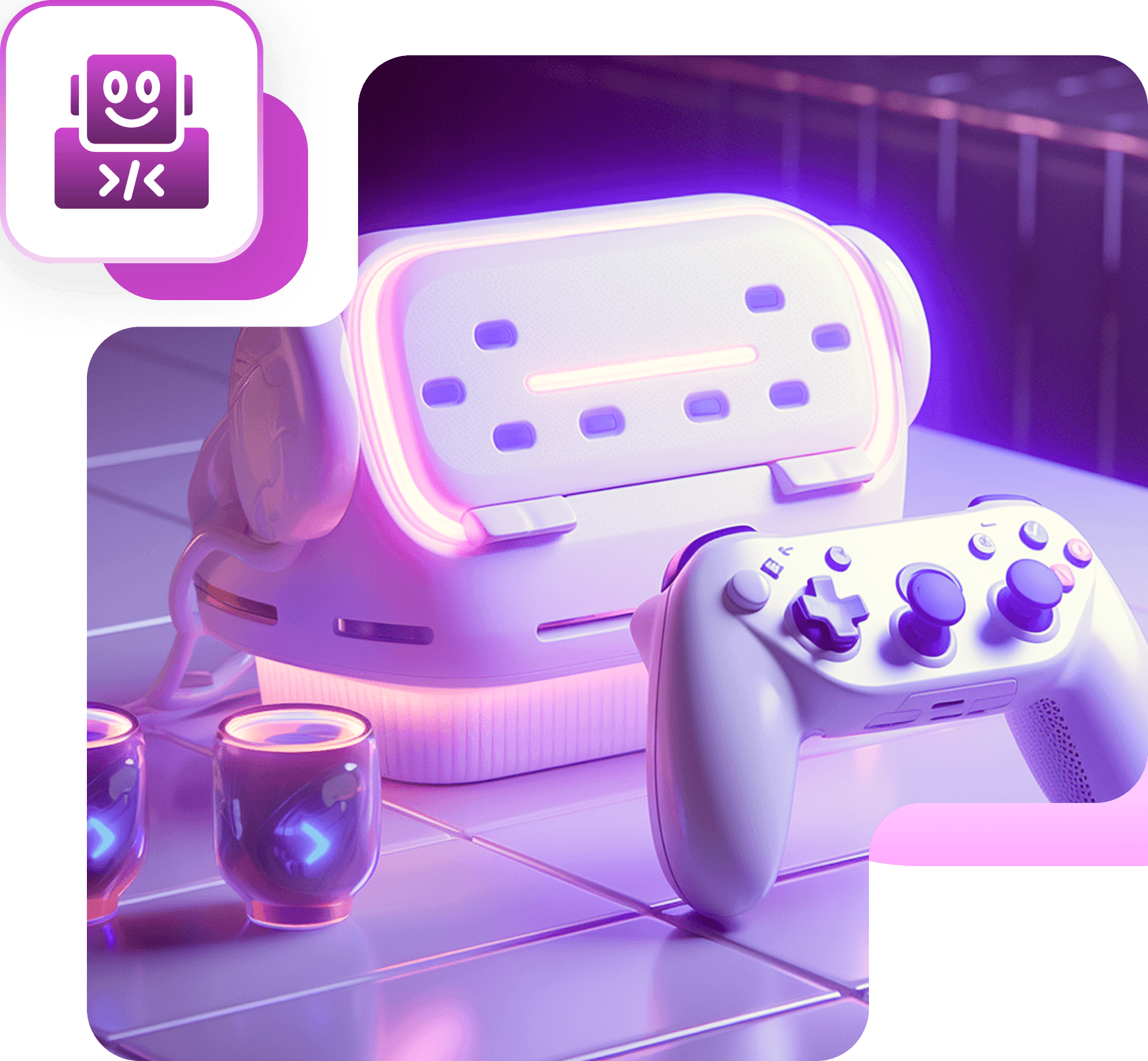 A glowing white game console and controller on a violet-lit desk, with a robot face badge