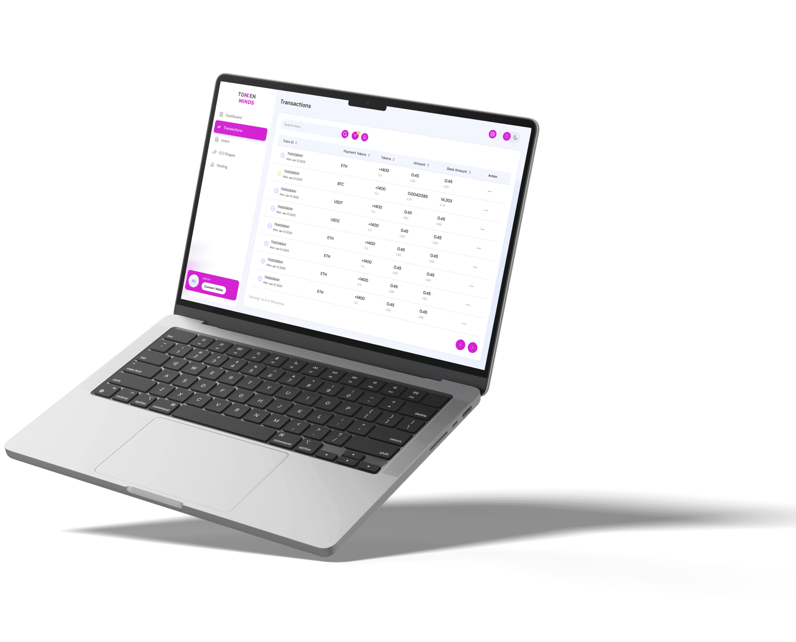 A laptop showing the TokenMinds dashboard's Transactions table