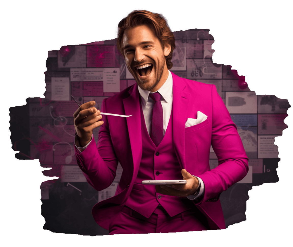 A laughing man in a magenta suit holding a tablet and stylus, in front of a torn collage of screens