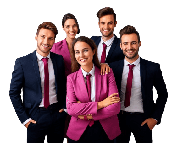 Five smiling team members in navy and magenta suits with crimson ties, two in front with arms crossed