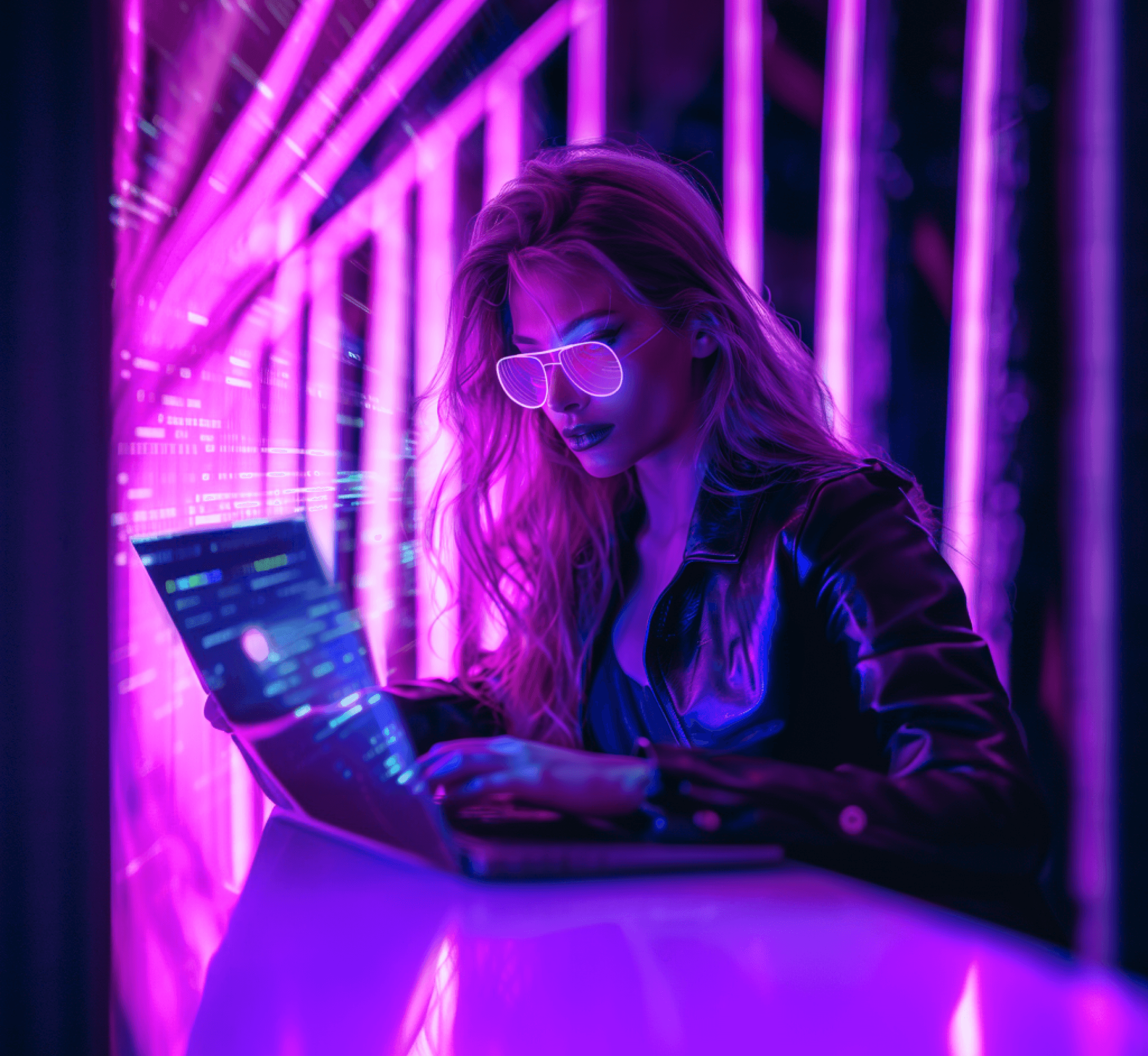 A woman in glowing glasses working at a laptop, lit by bars of pink and violet neon