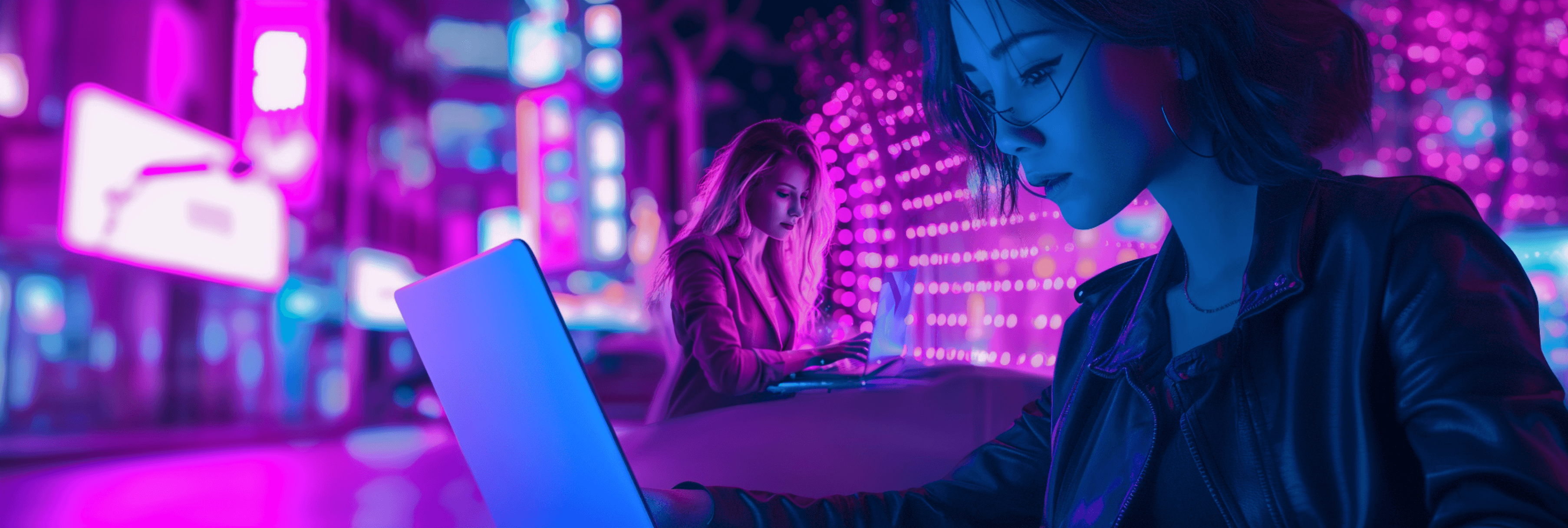 Two women working at laptops in a neon-lit city at night, glowing in pink and violet
