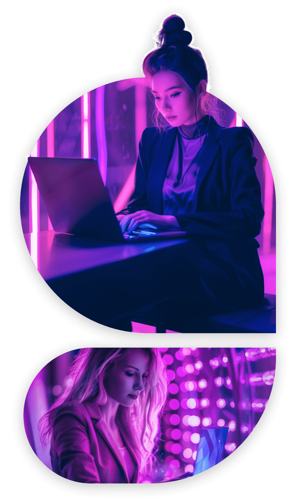 Two women at laptops in purple and pink neon light, each in a rounded frame, one above the other