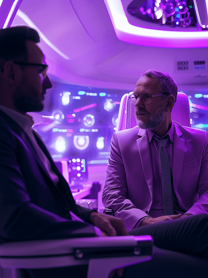 Two men in suits talking in a futuristic lounge lit purple