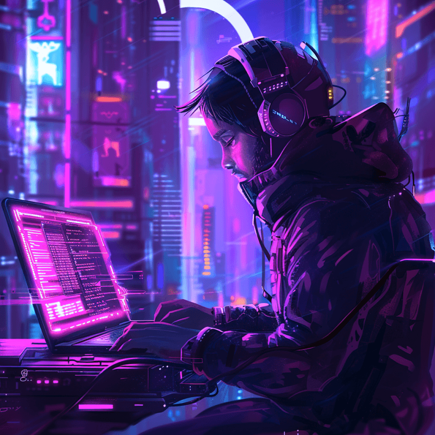 A hooded developer in headphones typing at a laptop in a neon-lit room