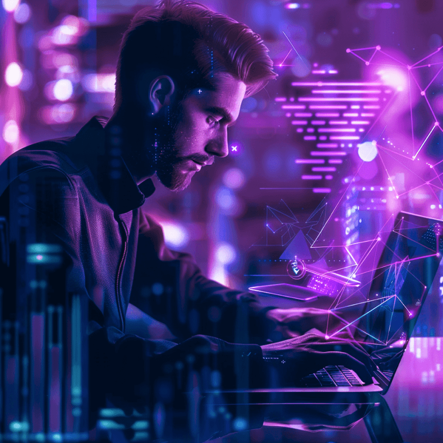 A bearded man at a laptop surrounded by glowing purple network lines and code