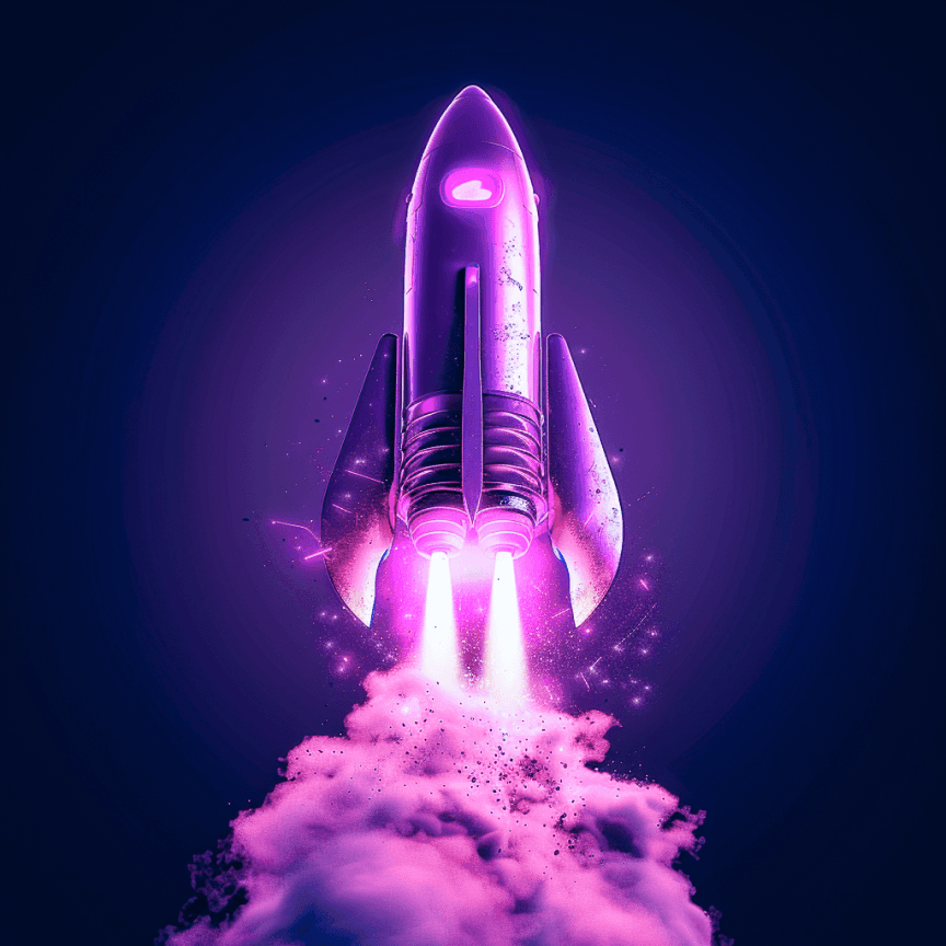 A rocket lifting off on a cloud of pink smoke against a dark violet sky