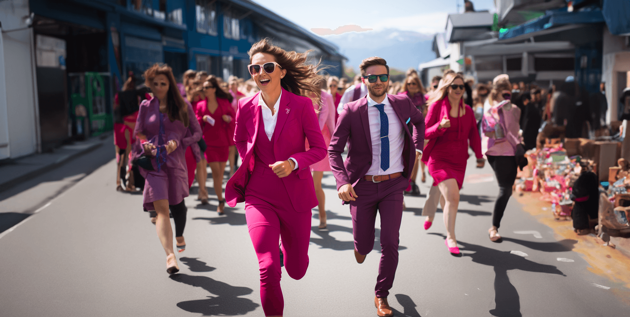 A crowd in magenta suits running down a street, two people in front