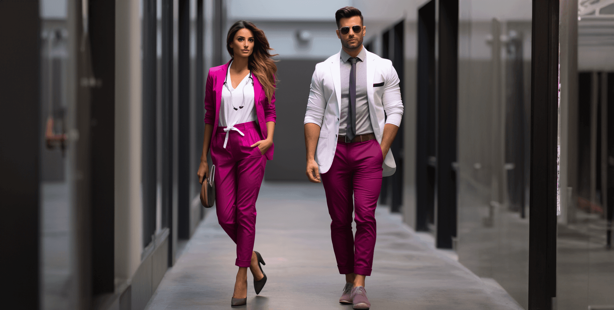 A woman and a man in magenta trousers walking side by side down an office corridor