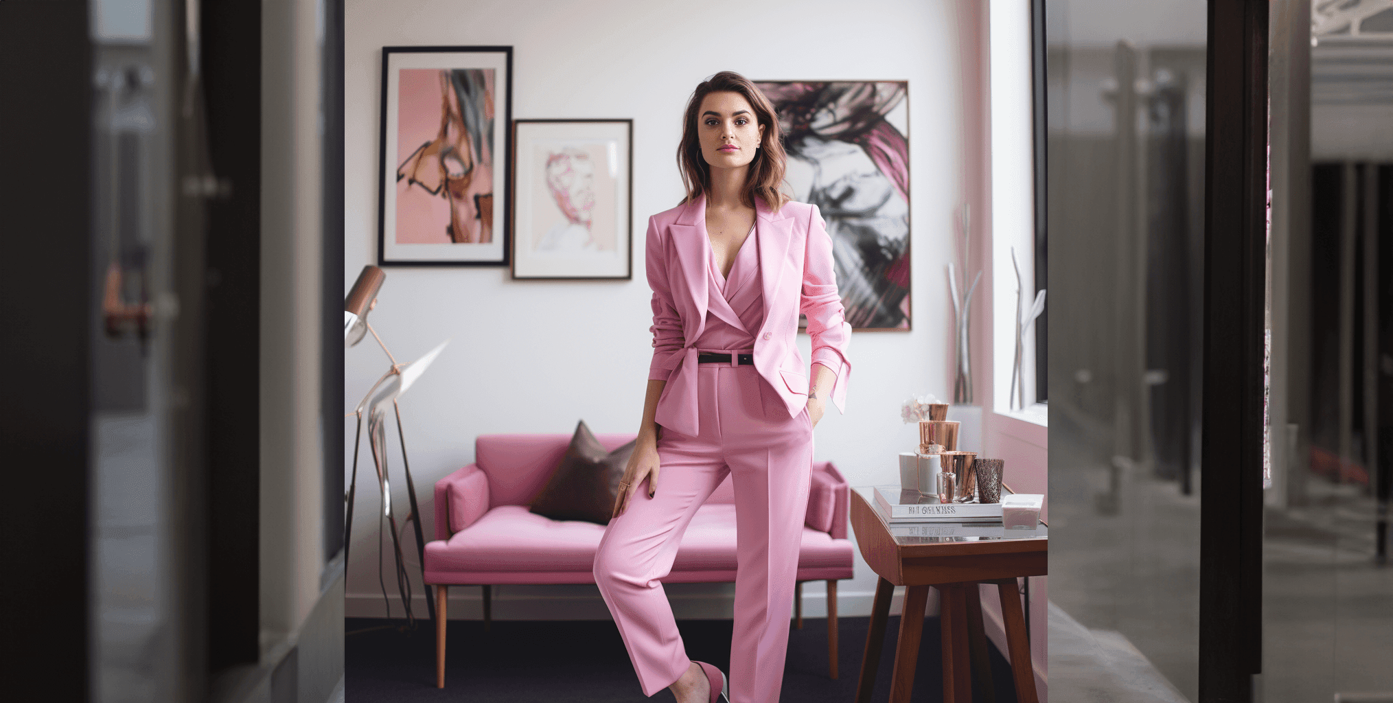 A woman in a pink suit standing in a pink-furnished office, seen through a doorway
