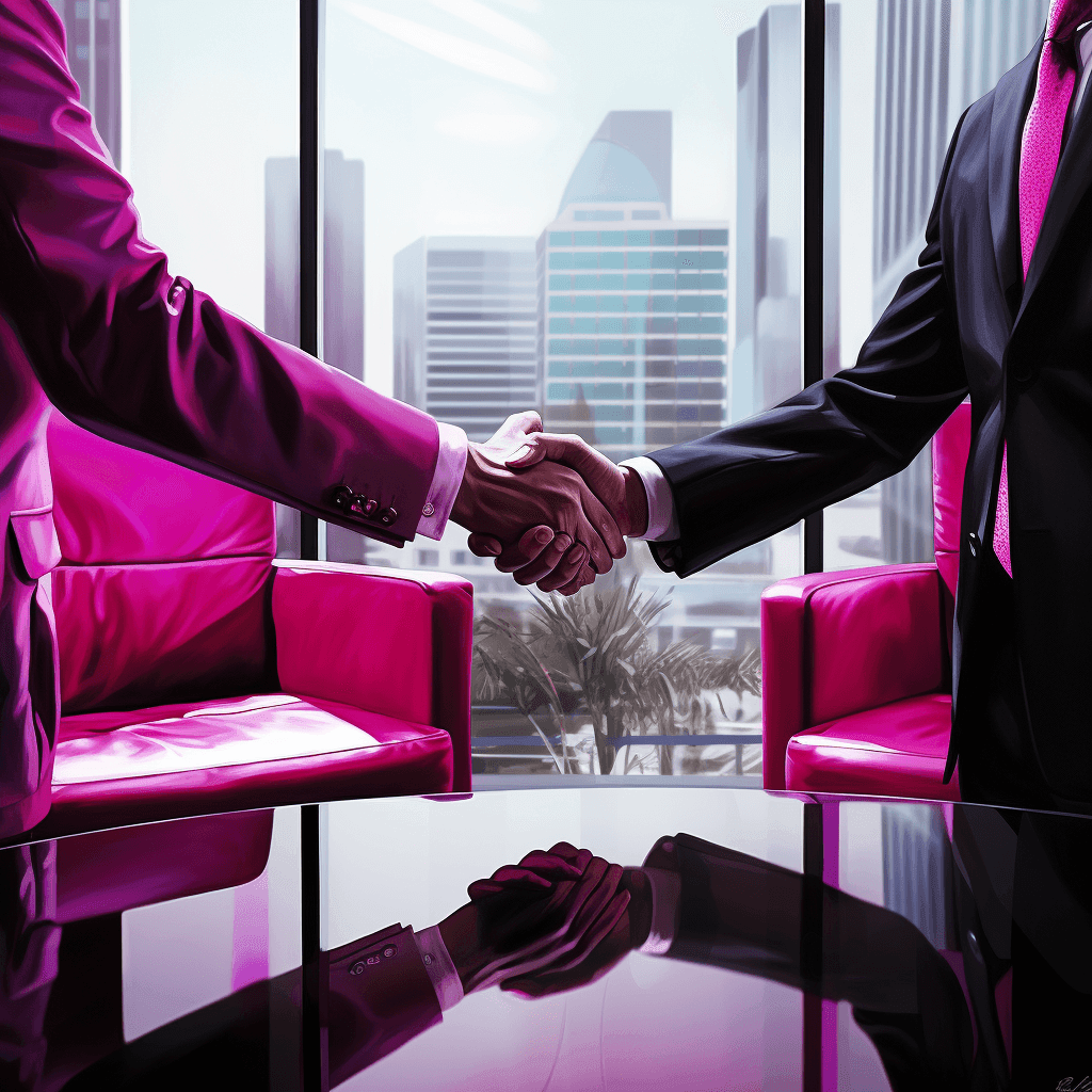 Two business people shaking hands over magenta armchairs in a city office