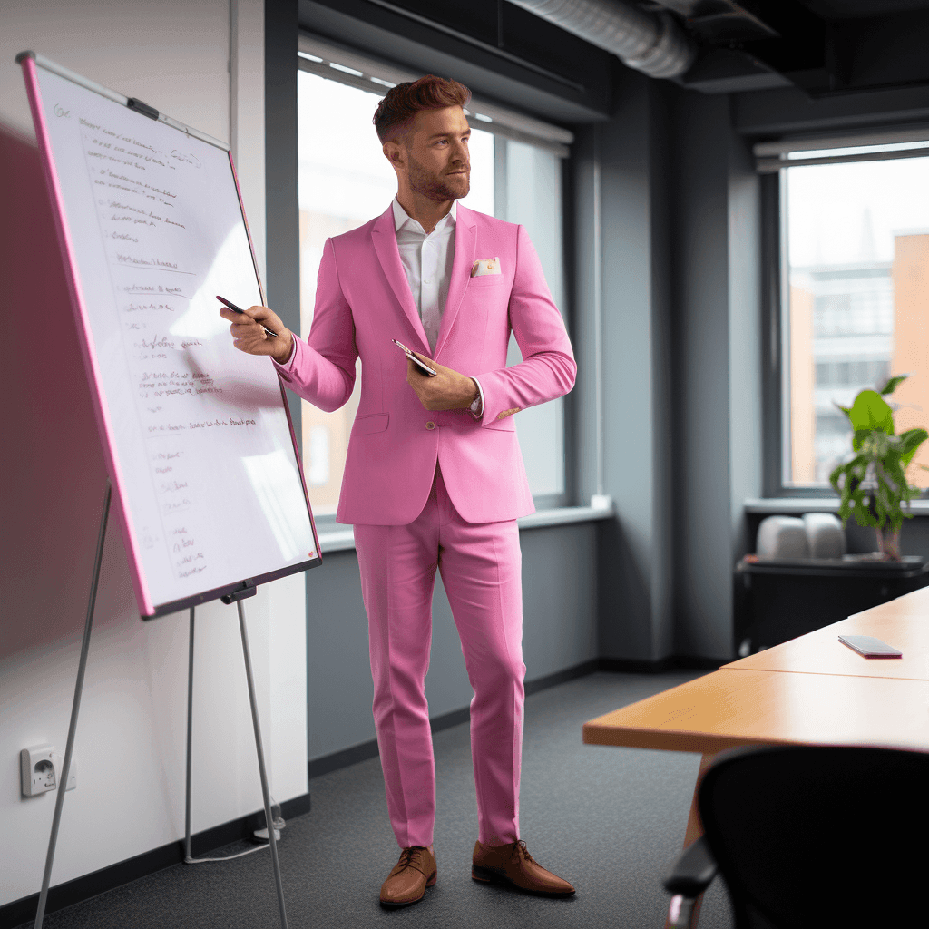 A man in a pink suit presenting at a flip chart in an office