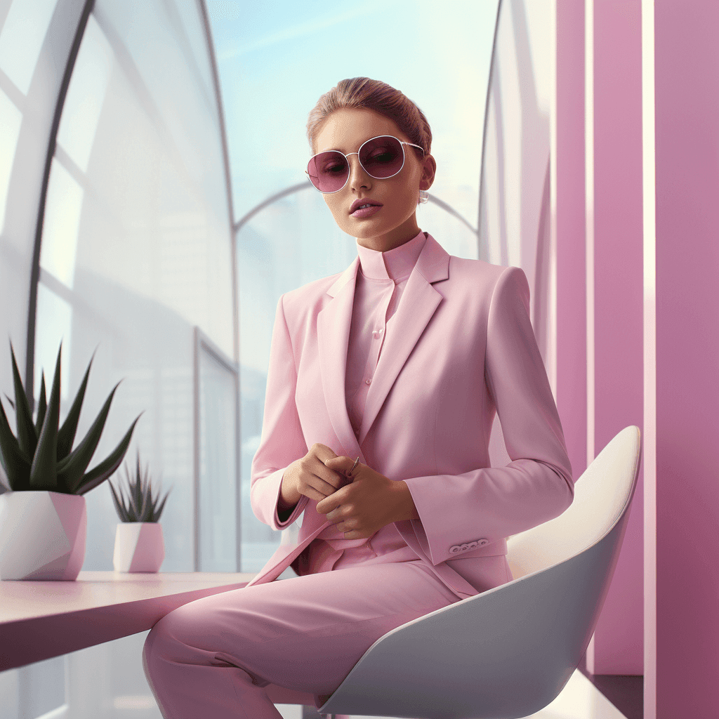 A woman in a pink suit and sunglasses seated in a bright pink office