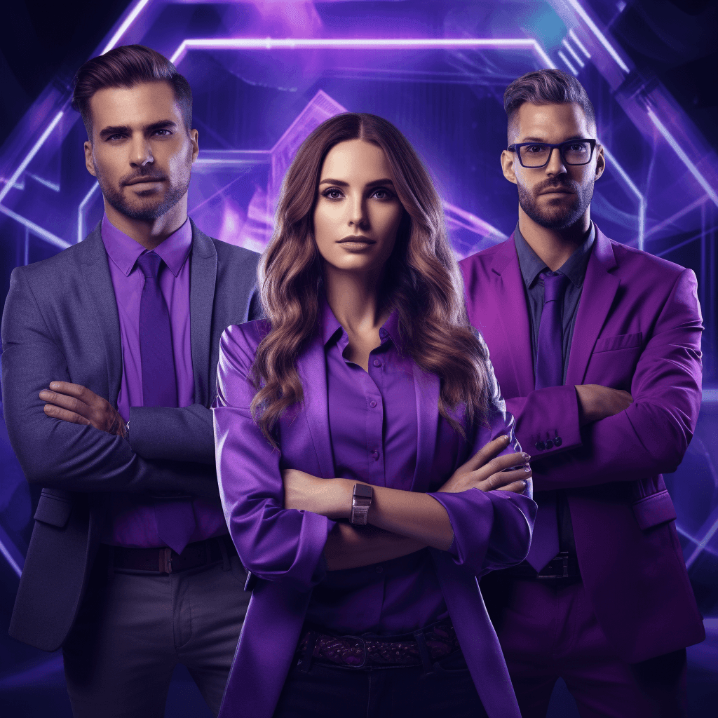 Three professionals in purple suits standing with arms crossed under neon purple light
