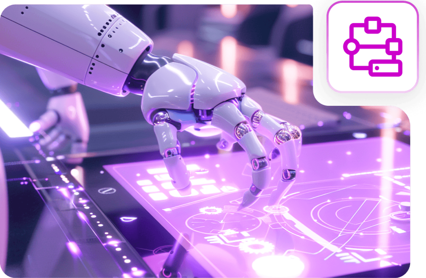 A white robot hand touching a glowing purple control screen, with a workflow icon tile in the corner