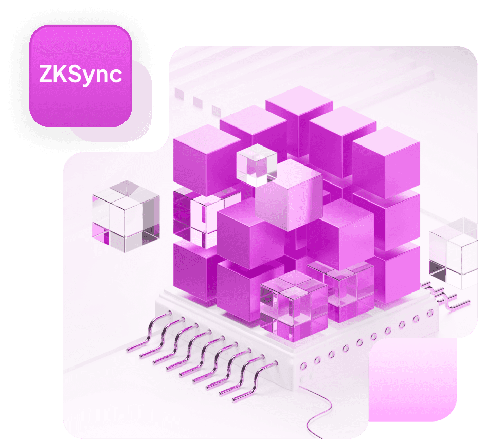 A block of magenta and glass cubes on a circuit board, with a ZKSync tile in the corner
